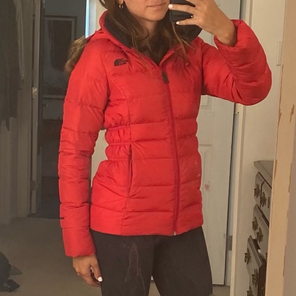 North Face Red Puffer Fitted Jacket Fur Hood XS